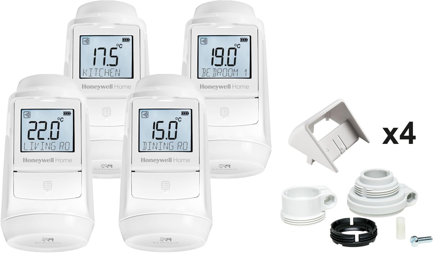 Honeywell Home Evohome Radiator Thermostat 4 Pieces with Adapters – Room for Room, Controlled Comfort, Simple