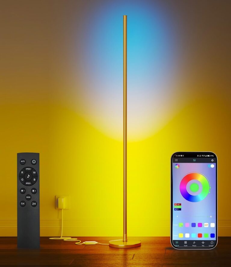 luckystyle Smart RGB Corner Floor Lamp,Bright LED Tall Modern Floor Lamp with APP and Remote,Ambient Lighting Color Changing Standing Lamps with Music Mode and Timing for Living Room,Bedroom,Party