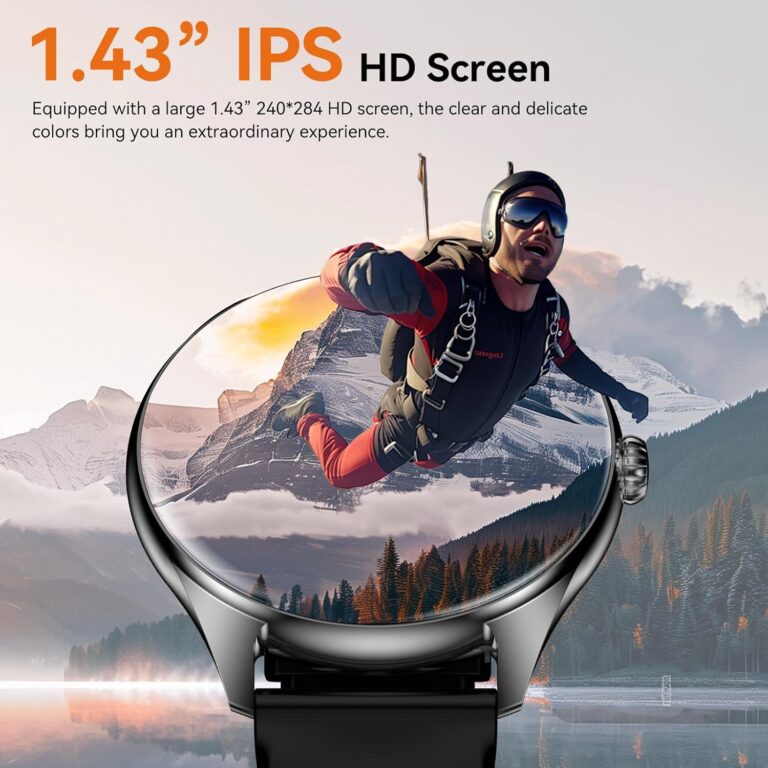 Smart Watches for Men Women, 1.43″ AMOLED Display Smartwatch with 7-Day Battery, 120+ Sport Modes, Bluetooth Calls, Heart Rate/Sleep Monitor, IP68 Waterproof for iPhone Android Compatible (Black)