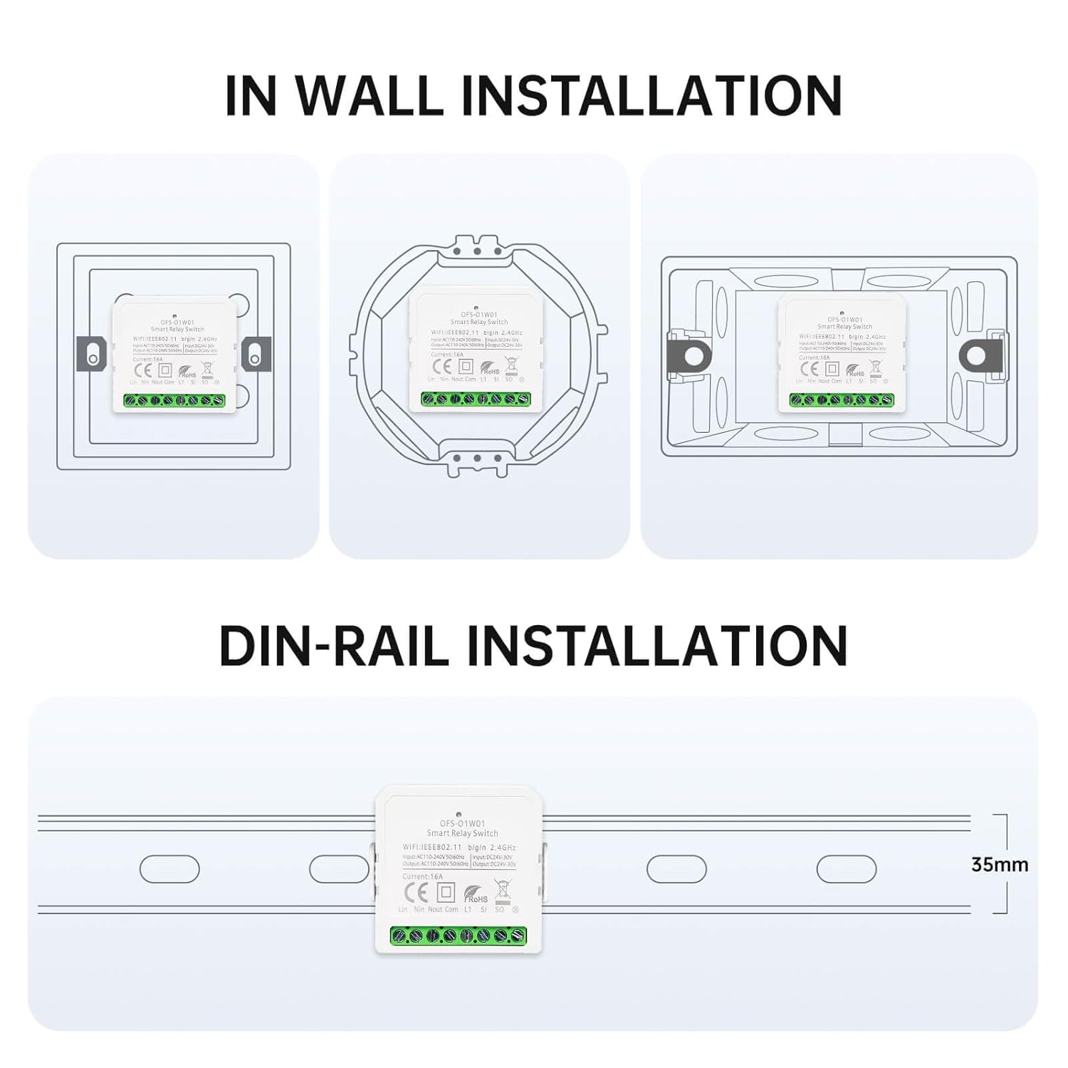 VEXA Smart WiFi Switch, No Neutral Wire Needed, Compatible with Alexa & Google Home, Energy Monitoring & Overload Protection, for Lights, Fans, Water Heaters (16A, AC 110-240V DC 24-30V)
