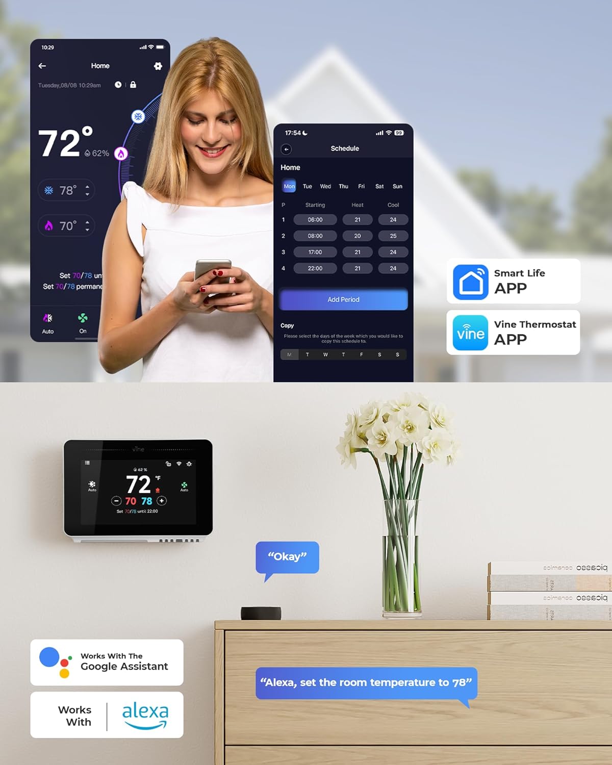 Vine Smart Thermostat for House with Nightlight, 4.3 Inches WiFi Thermostats for Home Work with Alexa and Google Assistant, 7day x 8period Programmable, C-Wire Required