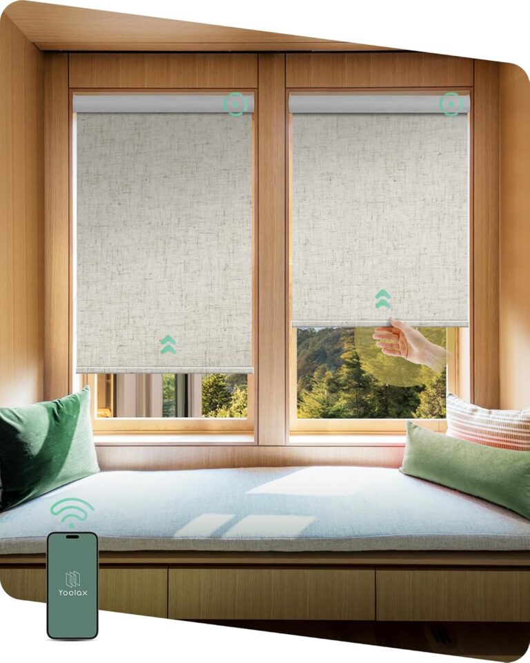 Yoolax Motorized Blinds with Remote, Blackout Smart Blinds for Windows Motorized Roller Shades, Automatic Window Shades Work with Alexa Custom Size (Blackout-Fabric White)