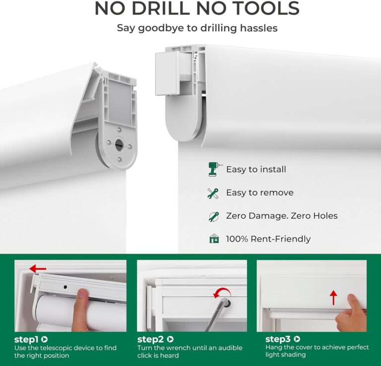 Allesin No Drill Motorized Roller Blinds – Rechargeable Smart Shades with Cassette Cover, Quiet & Energy-Efficient Motor, Remote & Alexa-Compatible for Home (White, 34″ W x 60″ H)