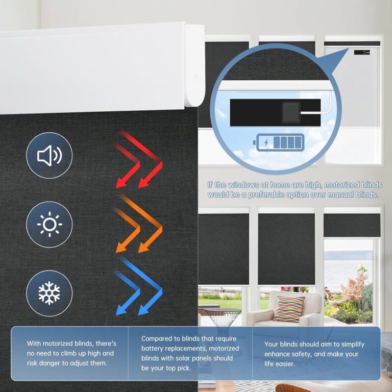 DENFOON Motorized Blinds with Remote Control, Blackout Smart Blinds with Complimentary Solar Panel, Cordless Automatic Roller Shades for Windows (White 35″ W x 72″ H)
