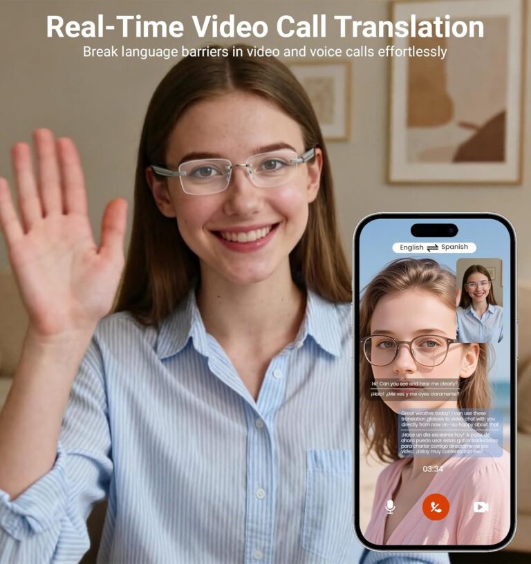 AI Smart Bluetooth Glasses for Men and Women with Chat GPT, Translation Glasses with 115 Languages and Rimless Photochromic Lens, Hands-Free Calls, UV Protection Translator Sunglasses for Music, work