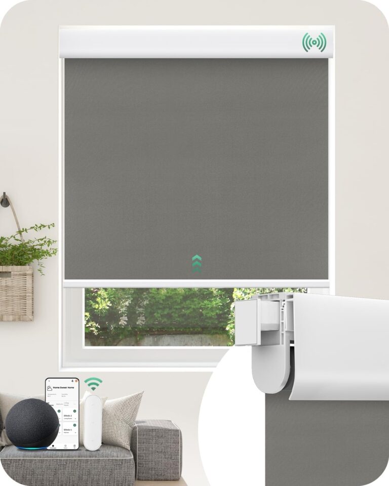Allesin No Drill Motorized Roller Blinds – Rechargeable Electic Blackout Shades with Cassette Cover, Utral-Quiet Motor, Automatic Blind with Remote for Indoor Windows (White, 22″ W x 72″ H)