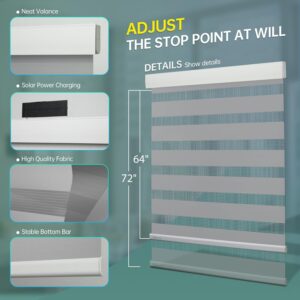 DENFOON Motorized Zebra Blinds, Solar Powered Dual Layer Automatic Shades with Remote Control, Rechargeable Smart Blinds Horizontal Wireless Electric Shades for Windows, Custom Size, White， 34 x 72