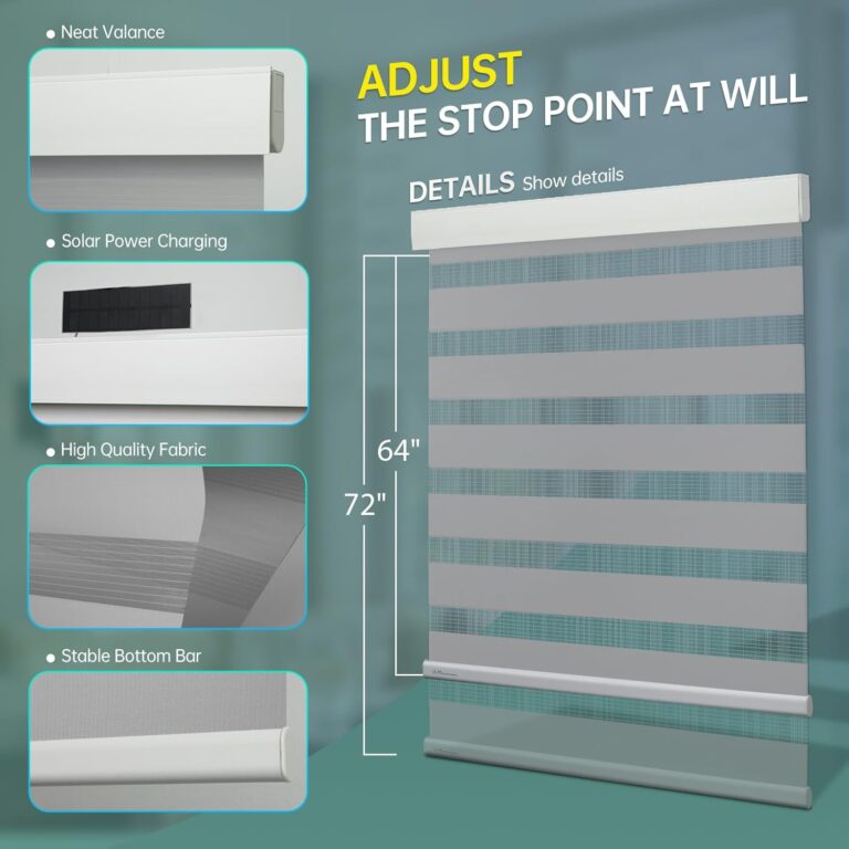 DENFOON Motorized Zebra Blinds, Solar Powered Dual Layer Automatic Shades with Remote Control, Rechargeable Smart Blinds Horizontal Wireless Electric Shades for Windows, Custom Size, White， 34 x 72