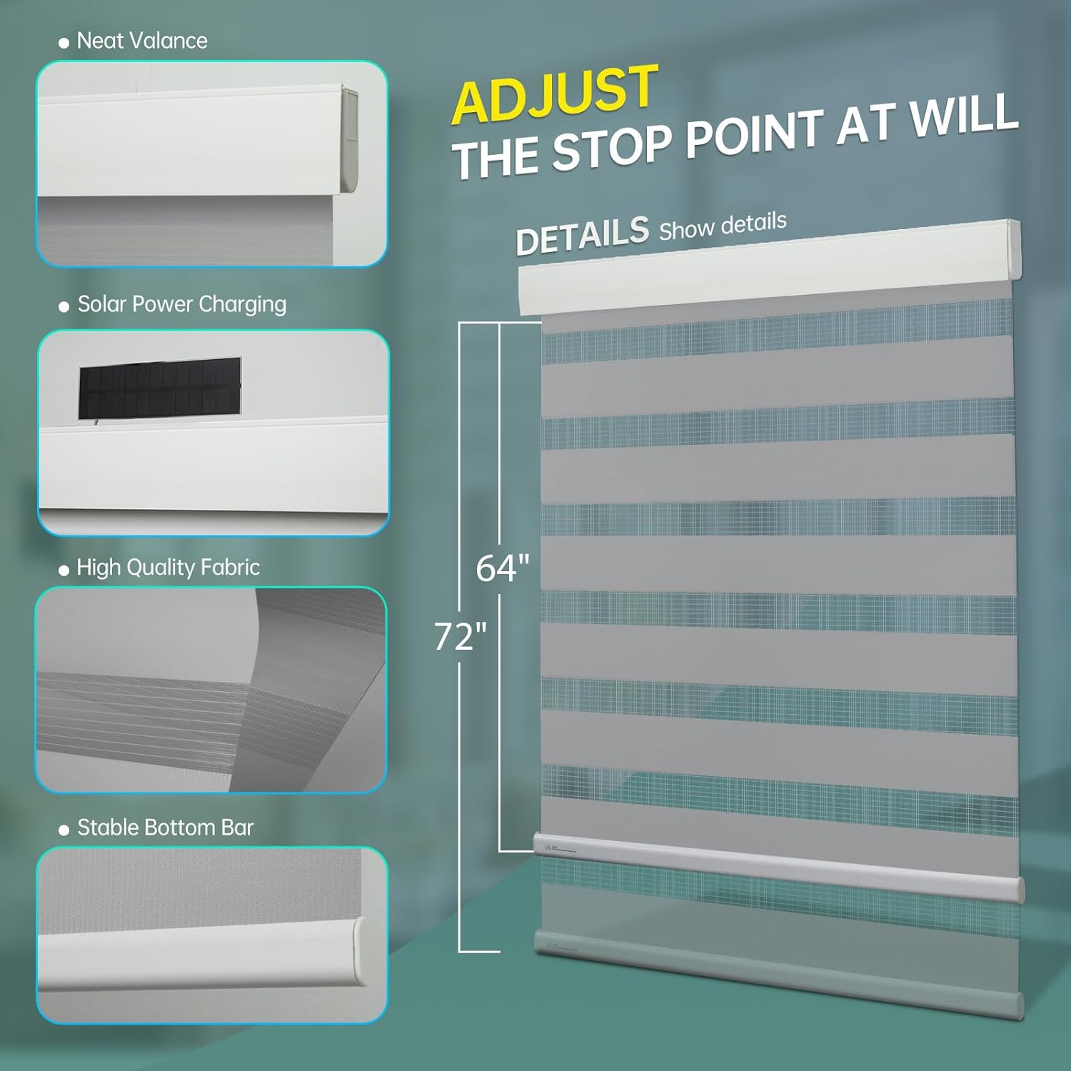 DENFOON Motorized Zebra Blinds, Solar Powered Dual Layer Automatic Shades with Remote Control, Rechargeable Smart Blinds Horizontal Wireless Electric Shades for Windows, Custom Size, White， 34 x 72