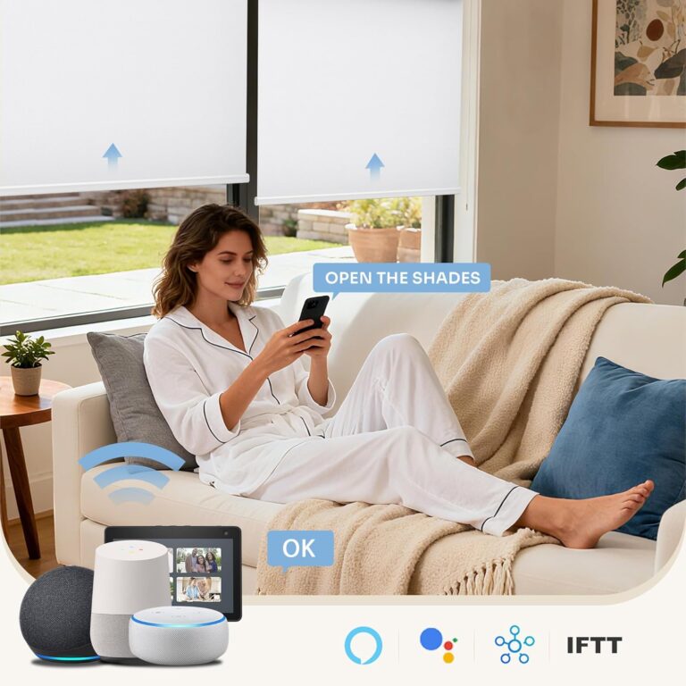 Grandekor No-Drill No Tools Motorized Blinds with Remote | 34×36 White Electric Blackout Smart Roller Shade/APP/Voice Control-for Home Office, Living Room