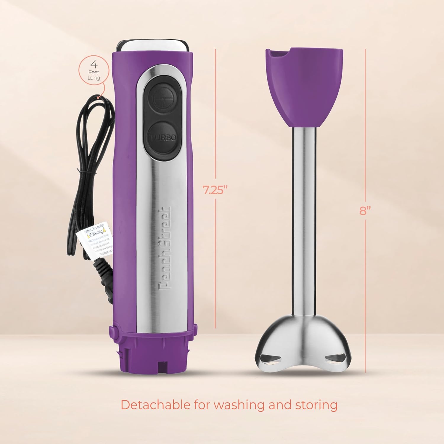 Powerful Immersion Blender, Electric Hand Blender 500 Watt with Turbo Mode, Detachable Base. Handheld Kitchen Gadget Blender Stick for Soup, Smoothie, Puree, Baby Food, 304 Stainless Steel Blades