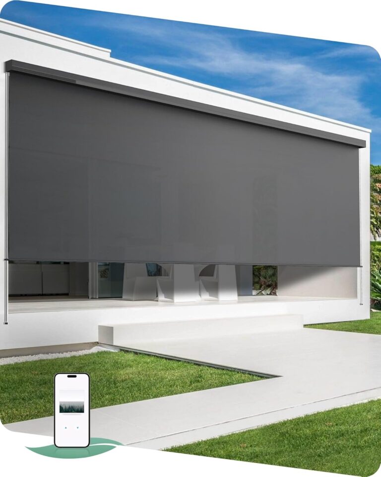 Yoolax Customized Solar Motorized 2-16 FT Width Outdoor Shades, Smart Roller Shades Built-in Solar Panel, APP Control, Waterproof Blinds for Patio Porch Windows Outside (3% Openness Black)