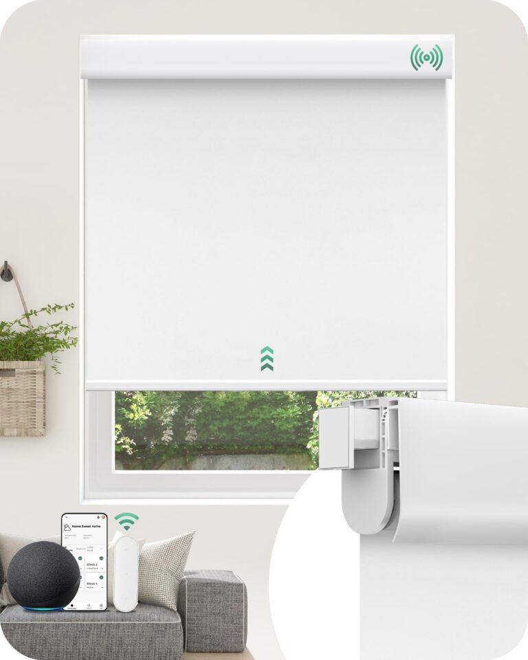 Allesin No Drill Motorized Roller Blinds – Rechargeable Electic Blackout Shades with Cassette Cover, Utral-Quiet Motor, Automatic Blind with Remote for Indoor Windows (White, 34.5″ W x 72″ H)