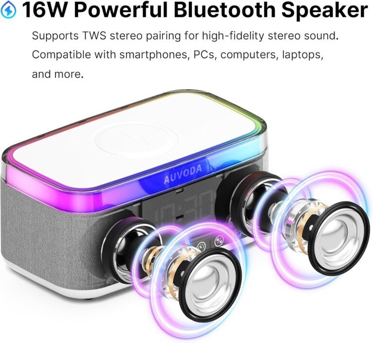 AUVODA S300 Portable Bluetooth Speaker with 15W Fast Wireless Charging, 13-Color Dimmable Night Light, White Noise, Alarm, FM Radio, 16W Stereo, BT5.3, TWS, for Home, Office, Bedroom (White)