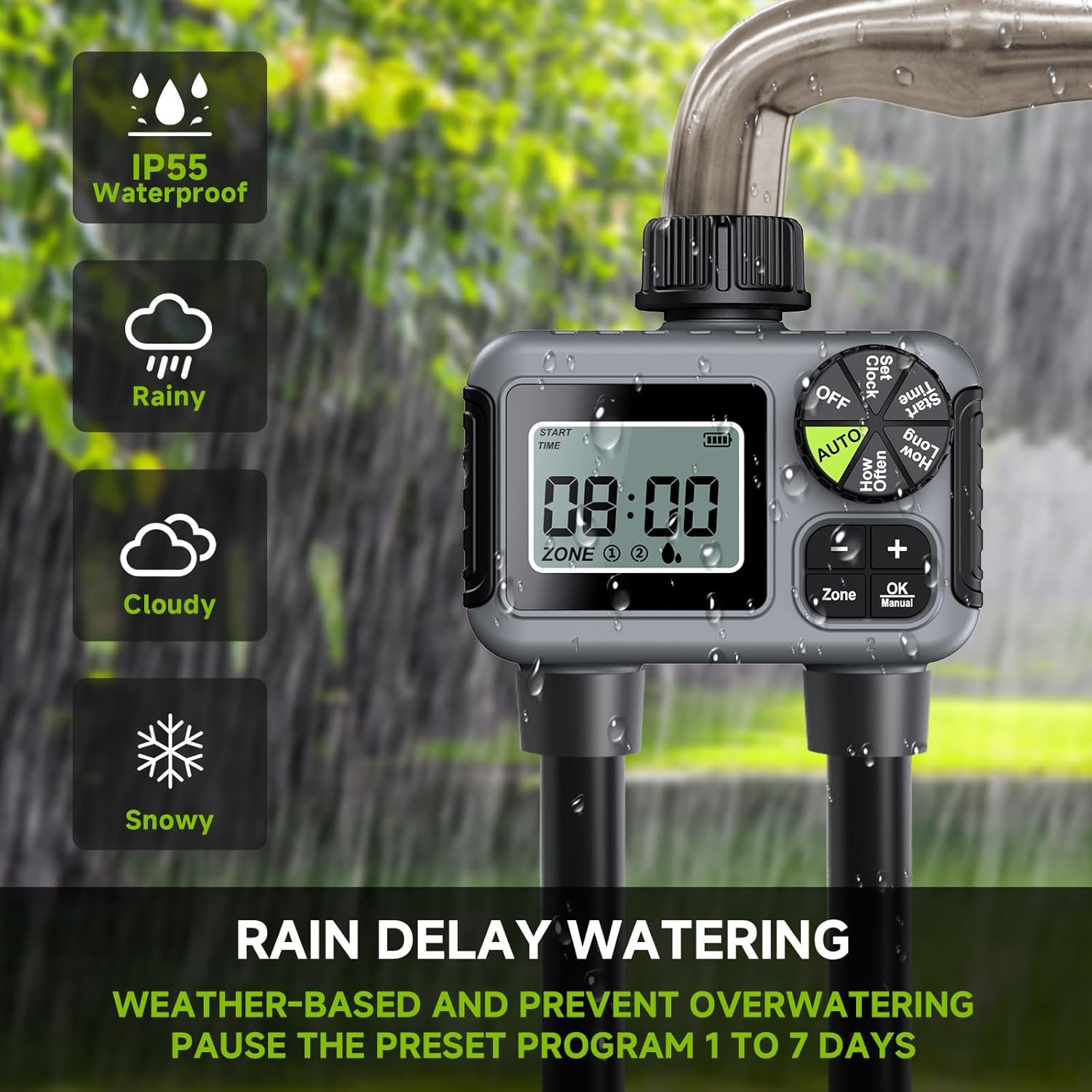 Dsoon Water Timer for Garden Hose, 2 Zone Smart Sprinkler Timer with Rain Delay,Dual-Zone Water Time|Rain Sensor+Manual/Automatic Modes|2025 Waterproof Upgrade|Dual-Program Irrigation System