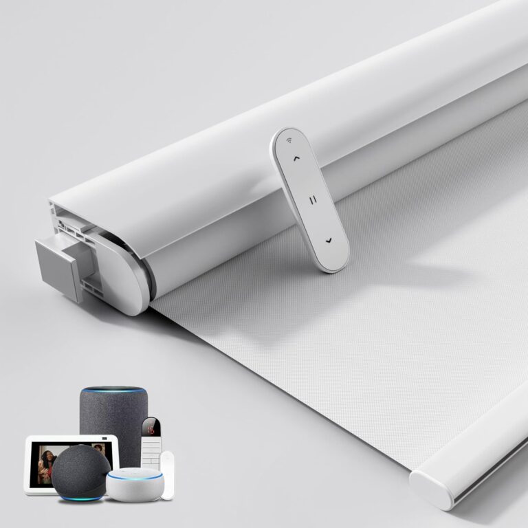 Grandekor No-Drill No Tools Motorized Blinds with Remote | 34.5×36 White Electric Blackout Smart Roller Shade/APP/Voice Control-for Home Office, Living Room