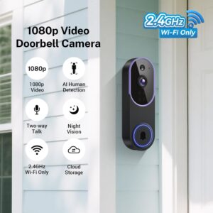 KyraNexo Smart 1080p Video Doorbell Camera with Doorbell Receiver, Live View, AI Human Detection, 2-Way Audio, Night Vision, Cloud Storage (Sold Separately), 2.4G WiFi