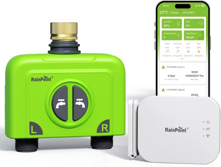 RAINPOINT WiFi Water Timer for Garden Hose, 2 Zone WiFi Sprinkler Controller, Smart Hose Timer Valve, Automatic Drip Irrigation System/Rain Delay for Garden/Lawn/Yard (Brass Inlet, WiFi Gateway)