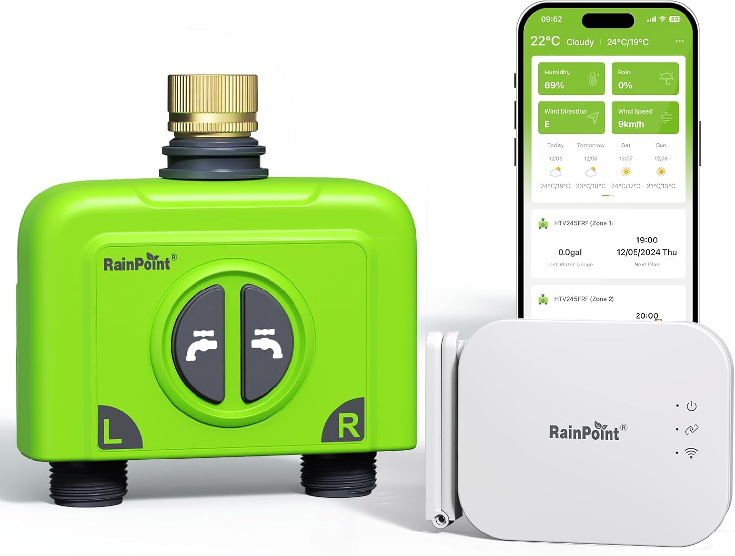 RAINPOINT WiFi Water Timer for Garden Hose, 2 Zone WiFi Sprinkler Controller, Smart Hose Timer Valve, Automatic Drip Irrigation System/Rain Delay for Garden/Lawn/Yard (Brass Inlet, WiFi Gateway)