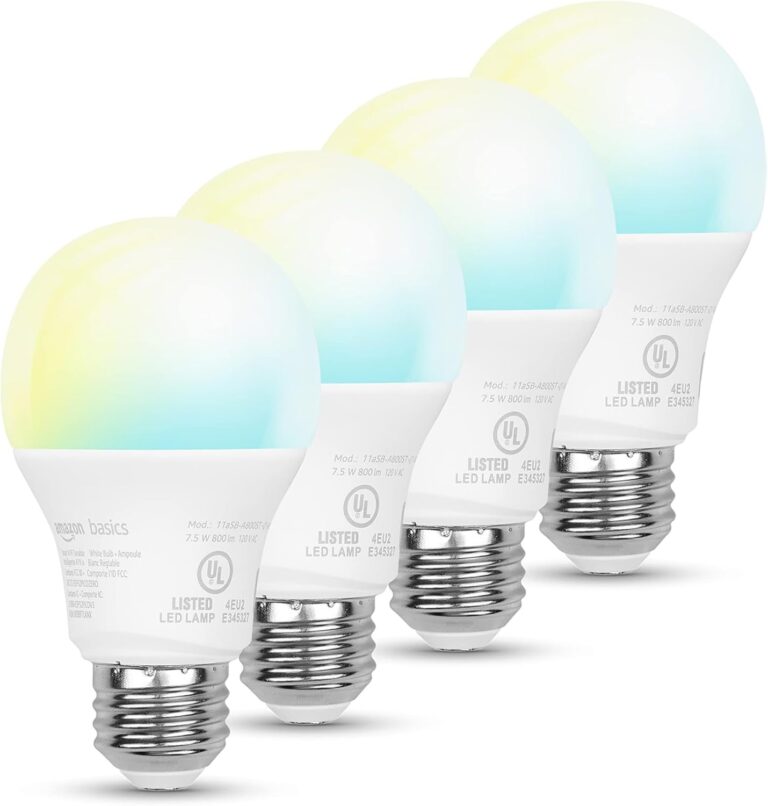 Amazon Basics Smart A19 LED Light Bulb, Color Changing, 9W (60W Equivalent), 800LM, Works with Alexa Only, 2.4 GHz Wi-Fi, No Hub Required, 4 Pack