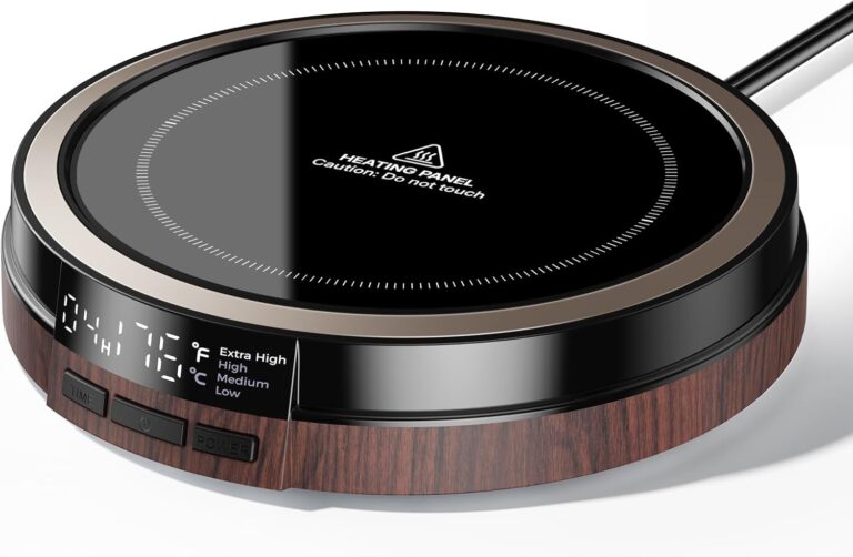Coffee Mug Warmer for Desk, 50W Fast Heating Cup Warmer with Smart Display, 4 Temps & 12H Timer, Auto Shut Off for Tea, Milk, Hot Drinks – Wood Effect
