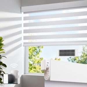 Motorized Zebra Blinds with Remote, No Drill Cordless Roller Shades, Equipped with Solar Panels, 50%-75% Blackout, Compatible with Alexa, Google, Electric Blinds for White 34.50" W x 72" H