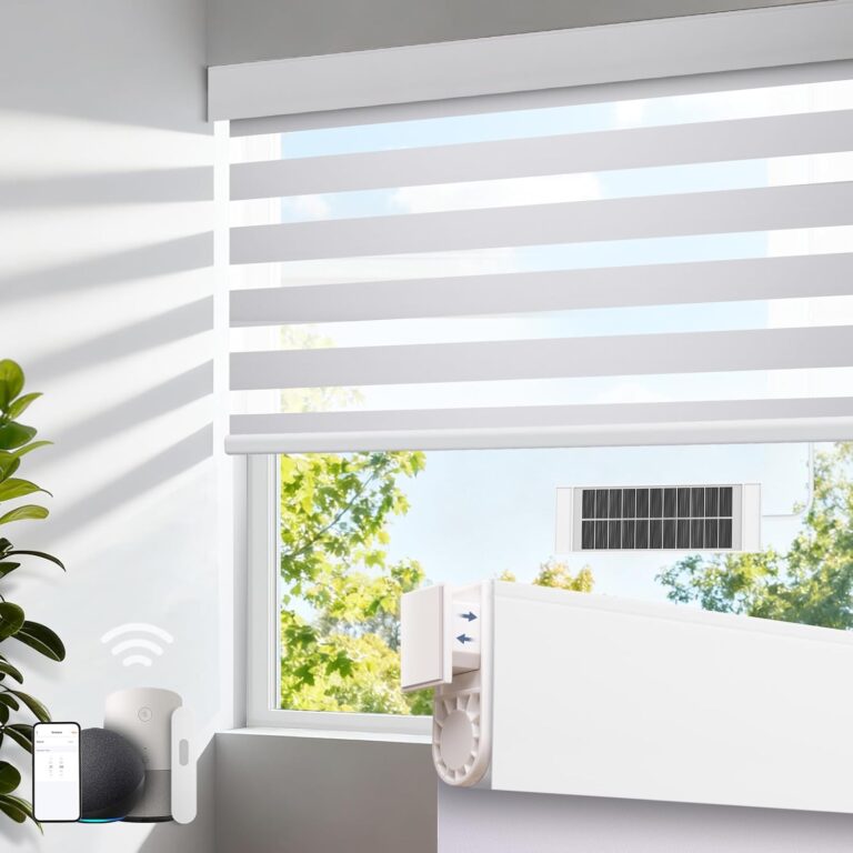 Motorized Zebra Blinds with Remote, No Drill Cordless Roller Shades, Equipped with Solar Panels, 50%-75% Blackout, Compatible with Alexa, Google, Electric Blinds for White 34.50″ W x 72″ H
