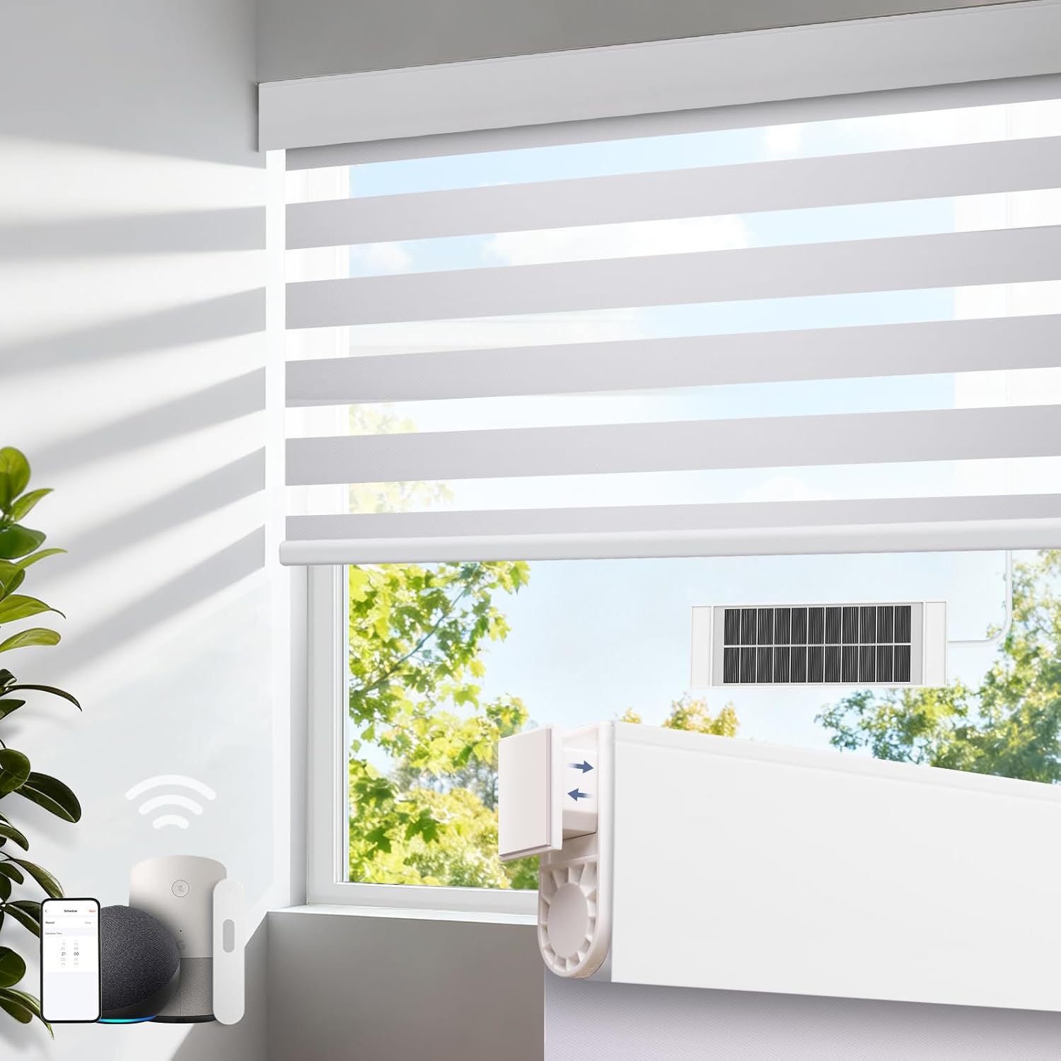 Motorized Zebra Blinds with Remote, No Drill Cordless Roller Shades, Equipped with Solar Panels, 50%-75% Blackout, Compatible with Alexa, Google, Electric Blinds for White 34.50″ W x 72″ H