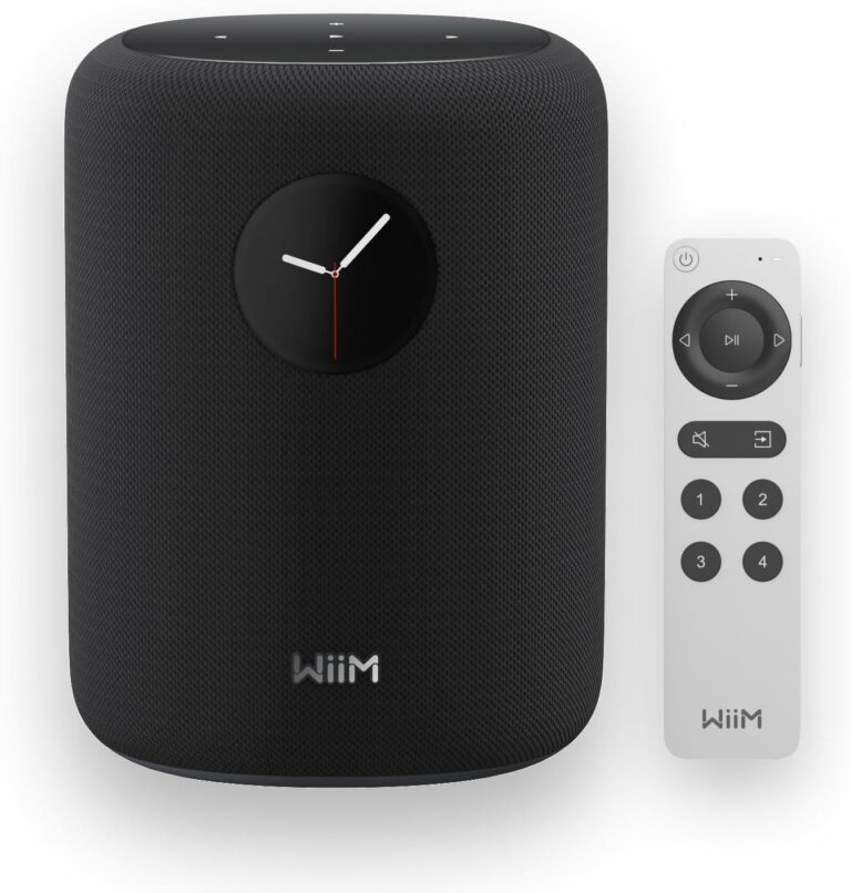 WiiM Sound Smart Speaker with 1.8″ Touch Display, Hi‑Res 24‑bit/192 kHz, AI RoomFit™ Room Correction, 100W Peak, Wi‑Fi 6E/Bluetooth 5.3, Multi‑Room & Stereo Pairing, Remote Included, White