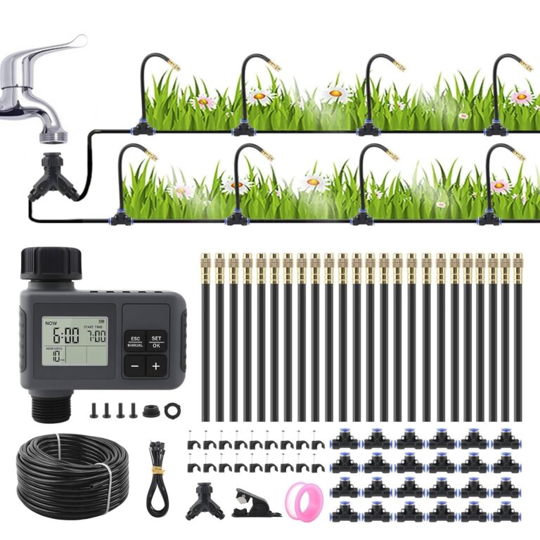 100FT Smart Drip Irrigation System with Water Timer – Automatic Garden Watering System with 360° Bendable Hose & 24 Adjustable Nozzles for Garden, Yard, Lawn,Compatible with 3/4″ & 1/2″ Hose