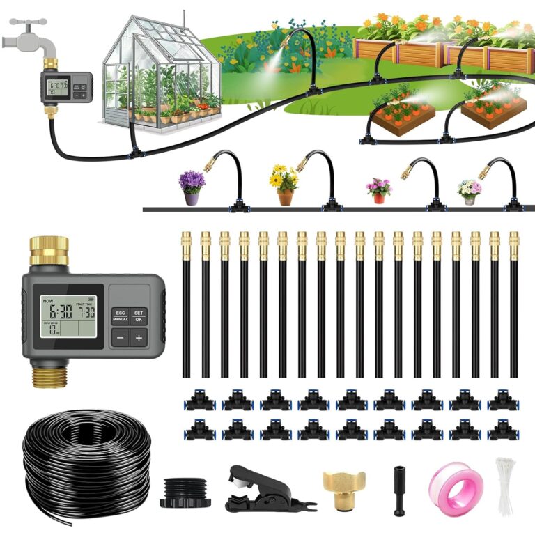 120FT Drip Irrigation System with Smart Water Timer – Automatic Garden Watering Kit with Dual Metal Tube Brass Connectors, 360° Adjustable Nozzles & Bendable Tubing for Garden, Greenhouse & Lawn