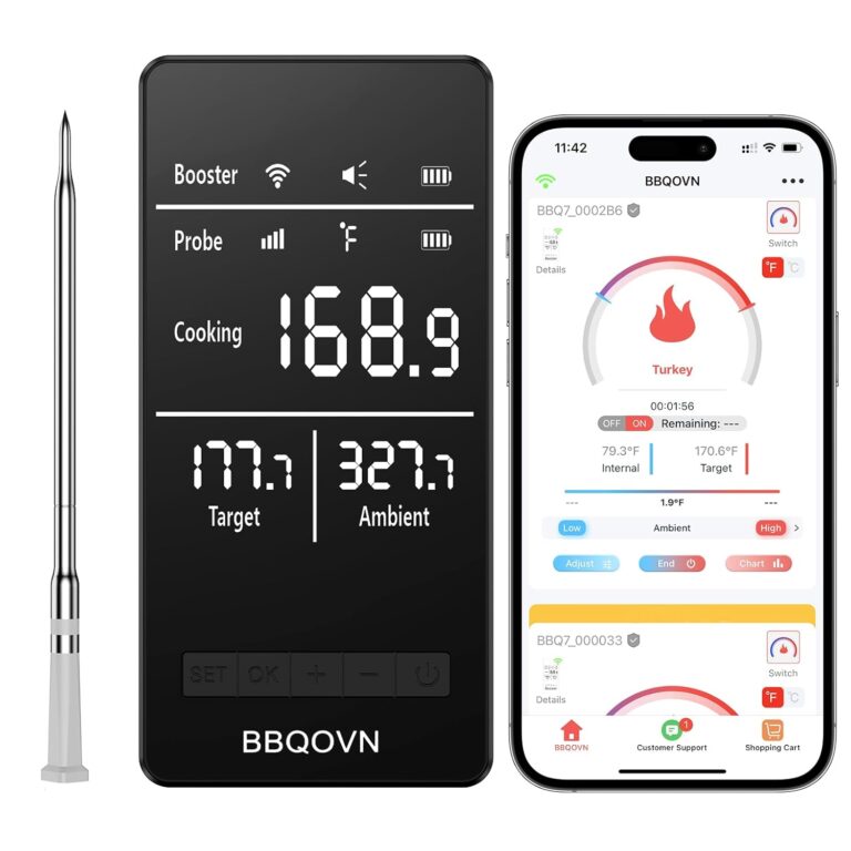 BBQOVN Smart WiFi Wireless Meat Thermometer, Sub-1G Long Range 1000FT, 7 NIST Certified Sensors in 1 Thin Probe ±0.5℉ Accuracy, Standalone Base with Large LED Screen for BBQ Grill Smoker Oven-Black