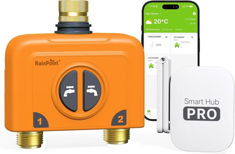RAINPOINT WiFi Water Timer for Garden Hose, 2 Zone WiFi Sprinkler Controller, Smart Hose Timer Valve, Automatic Drip Irrigation System/Rain Delay for Garden/Lawn (Brass Inlet & Outlet, WiFi Gateway)