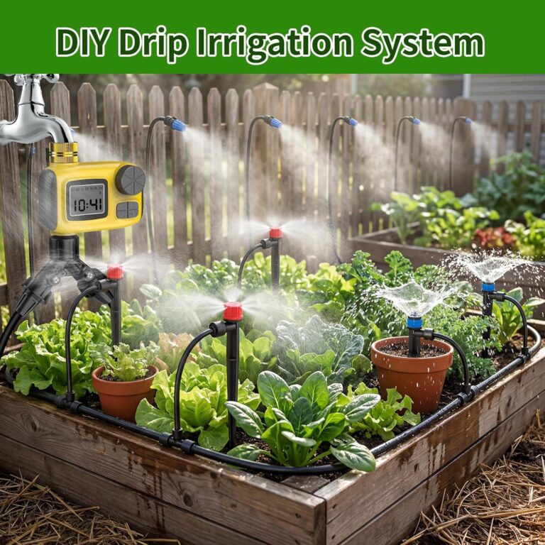 165FT Drip Irrigation System with Timer, Automatic DIY Garden Watering Kit with 1/2″ & 1/4″ Tubing, Solid Brass Connectors & Adjustable Sprayers for Plants, Garden, Lawn, Greenhouse, Raised Beds