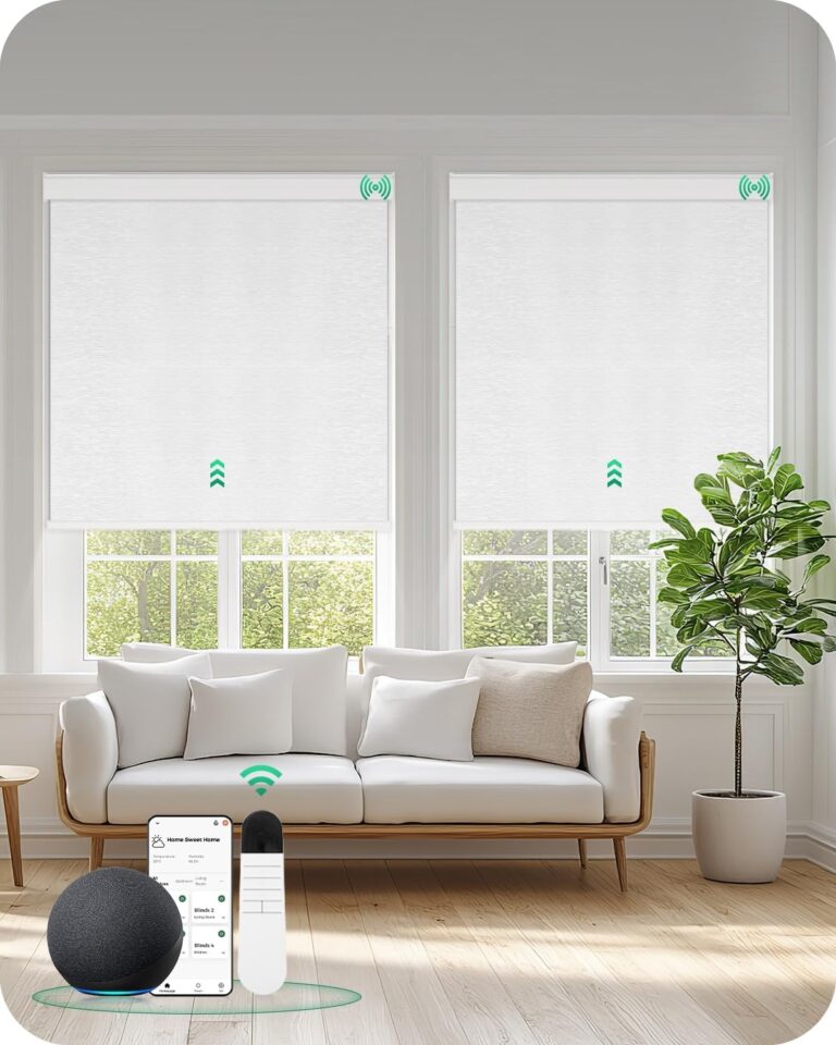 Allesin Motorized Blinds with Remote | Automatic Blackout Roller Shades, Easy Install & Smart Control Electric Blinds for Home Office, Living Room (White 32″ W x 72″ H)