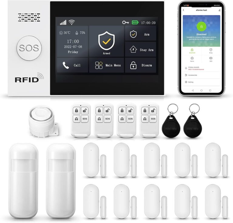 Clouree Alarm System for Home Security Touch Screen WiFi Wireless Home Alarm 20 Piece Kit with Siren PIR Motion Sensor Window/Door Sensor Remote Controls Security Systems for House