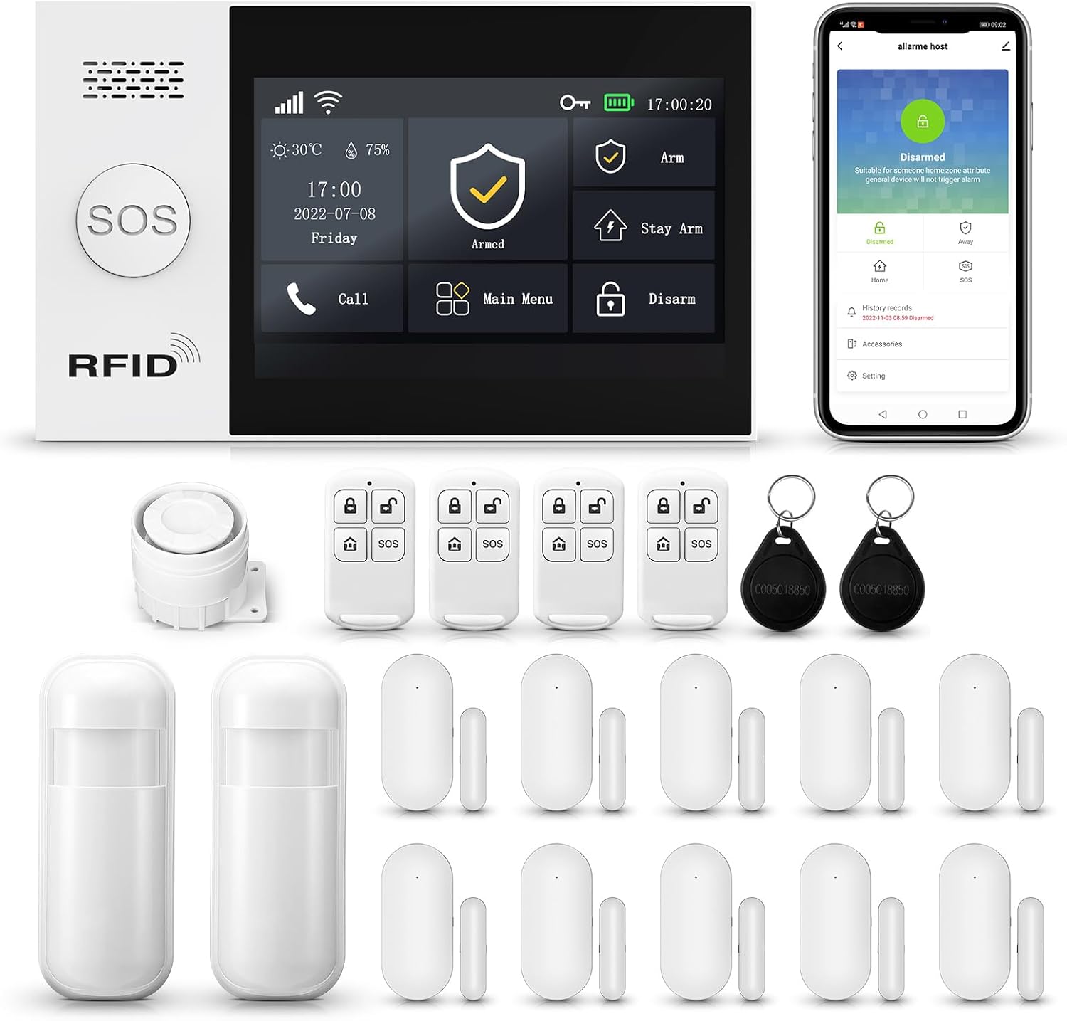 Clouree Alarm System for Home Security Touch Screen WiFi Wireless Home Alarm 20 Piece Kit with Siren PIR Motion Sensor Window/Door Sensor Remote Controls Security Systems for House