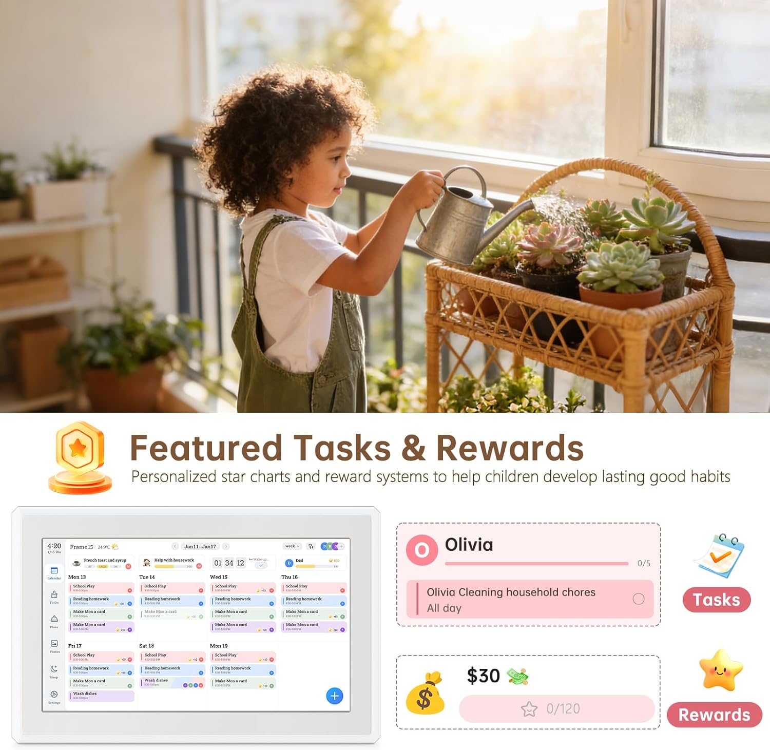 Digital Calendar Wall Touch Screen, 15.6 Inch Smart Wall-Mounted HD Electronic Family Calendar & Chore Chart with Meal Planner, Built-in Digital Photo Frame, Includes Desk Stand & Refills (White)