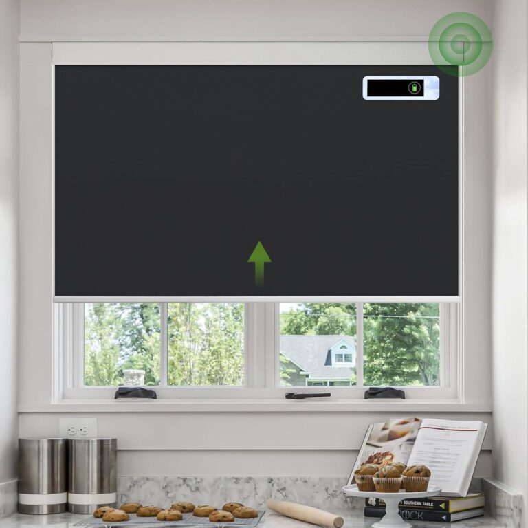 DONGFXK Motorized Roller Blinds, Blackout Automatic Shades with Solar Panel Cordless Smart Blinds for Windows, Custom Electric Blinds Horizontal Roller Shades with Remote Control,White,22″ W X 72″ H