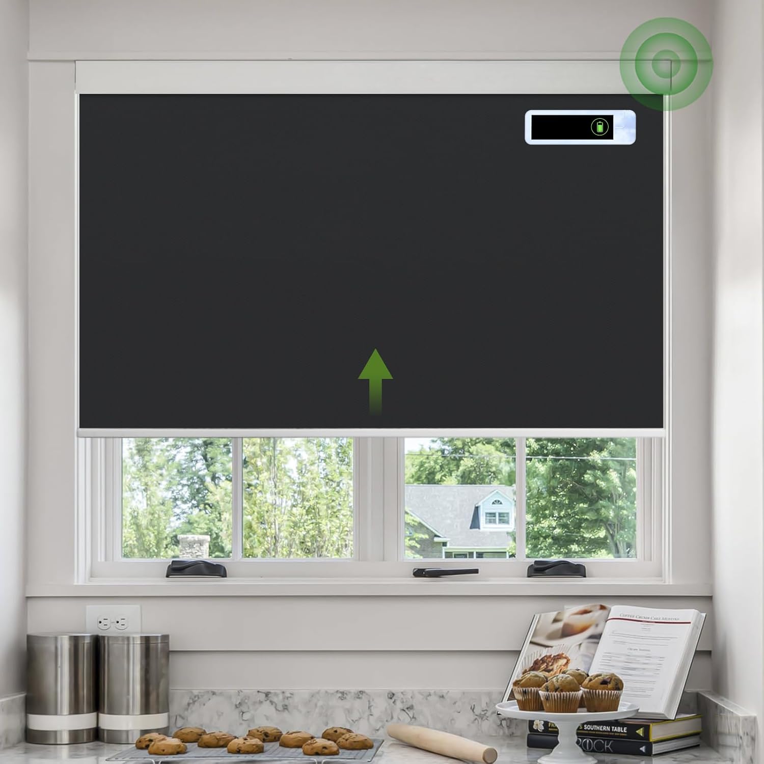 DONGFXK Motorized Roller Blinds, Blackout Automatic Shades with Solar Panel Cordless Smart Blinds for Windows, Custom Electric Blinds Horizontal Roller Shades with Remote Control,White,22″ W X 72″ H