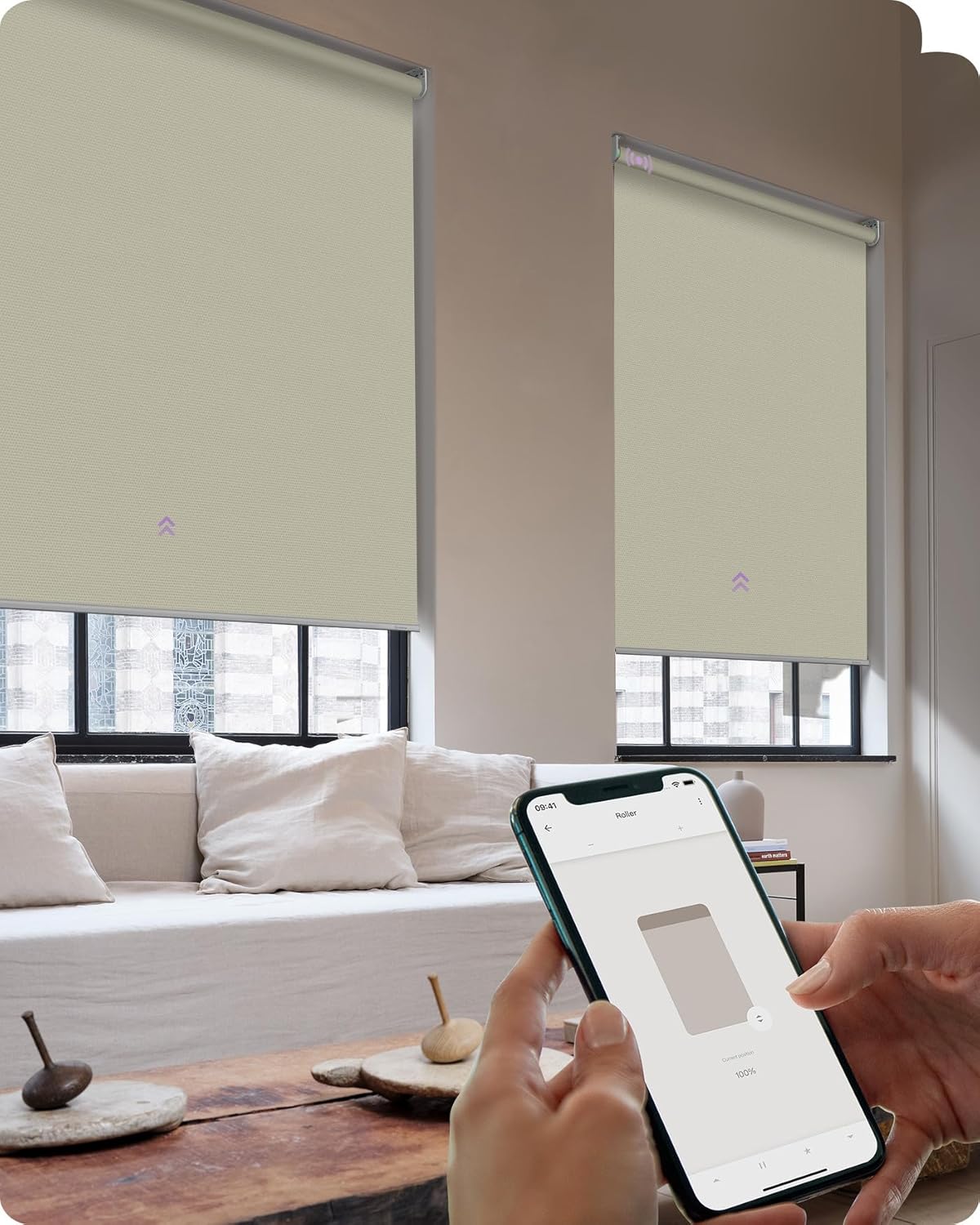 Graywind Smart Roller Shades 100% Blackout Window Blinds with APP Control Customized Automatic Shades for Home and Office(22″ Wx72 H,White)