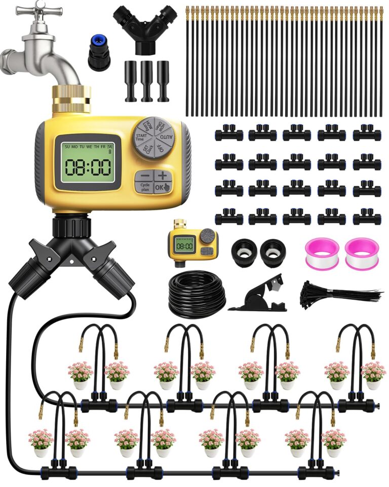 MQJIAZHI 246FT Drip Irrigation System with LCD Timer, Automatic Watering System Kits,1/2 Inch Hose 1/4 Inch Distribution Tubing 3 Sprayer Types, for Garden, Greenhouse, Garden, Lawn
