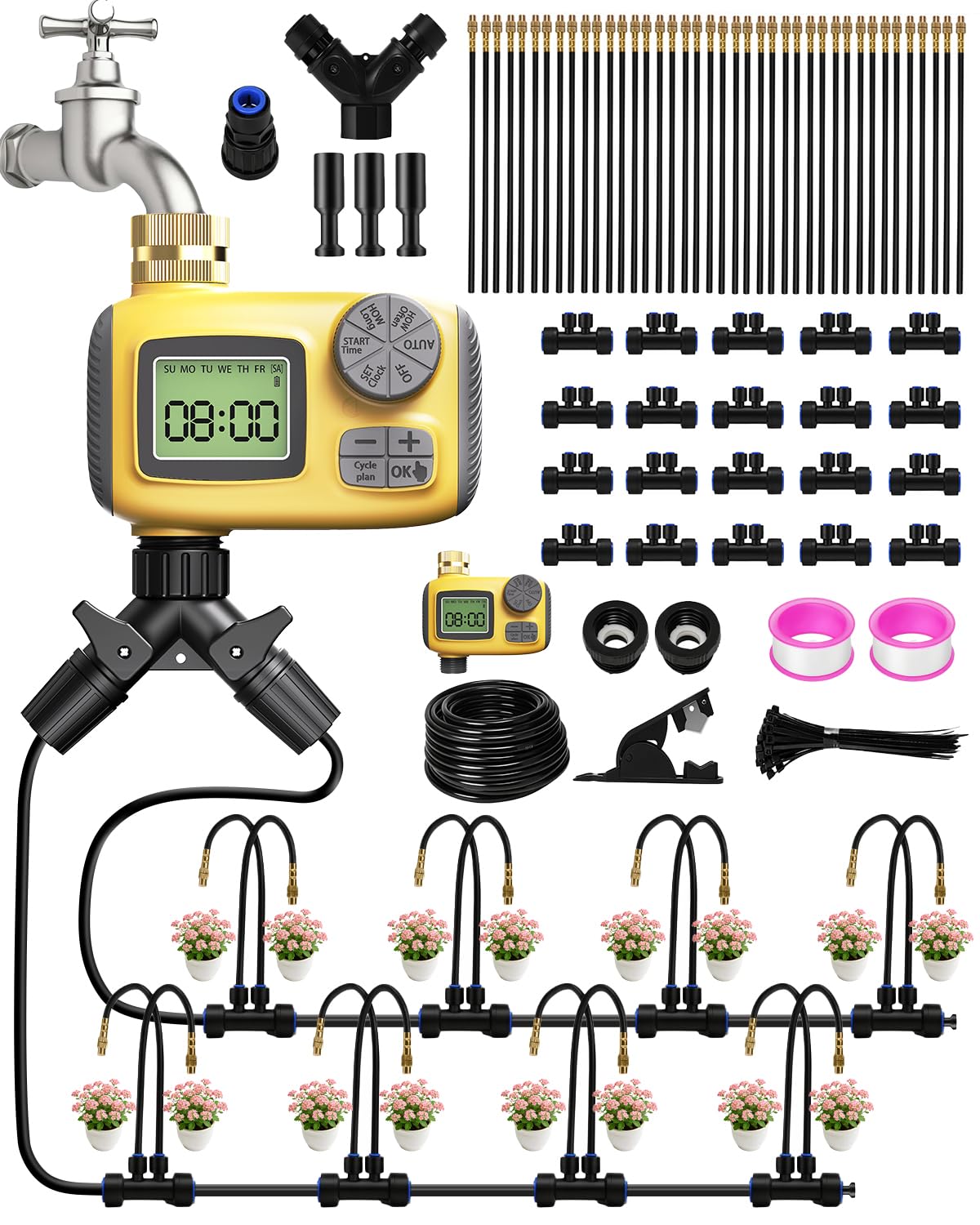 MQJIAZHI 246FT Drip Irrigation System with LCD Timer, Automatic Watering System Kits,1/2 Inch Hose 1/4 Inch Distribution Tubing 3 Sprayer Types, for Garden, Greenhouse, Garden, Lawn