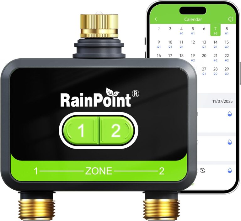 RainPoint WiFi Water Timer for Garden Hose with Brass Inlet & Outlet, 2-Zone Smart Hose Timer, WiFi Irrigation Controller via APP/Voice Control, Automatic Sprinkler Watering System for Lawns and Yard