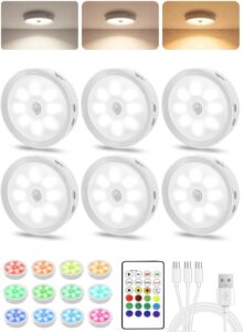 Under Cabinet Lighting, LED Puck Lights with Remote, Rechargeable Motion Sensor Lights Indoor, Dimmable Stick On Lights 3 Color Temps & 12 RGB Under Counter Lights for Kitchen, Closet White 6 Pack