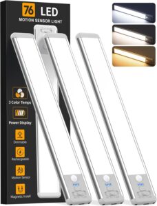 Under Cabinet Lighting Wireless, Rechargeable Motion Sensor Light Indoor, 3 Color Dimmable Closet Light Battery Operated with LED Power Display, Magnetic Under Counter Lights for Kitchen, Home (3Pack)