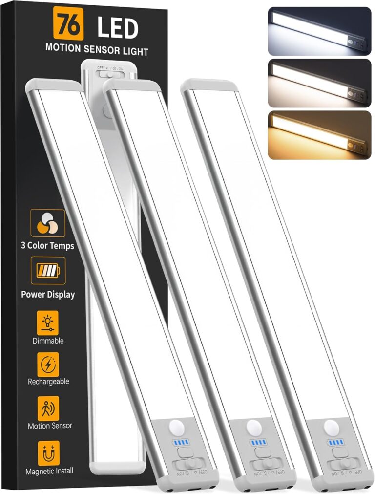 Under Cabinet Lighting Wireless, Rechargeable Motion Sensor Light Indoor, 3 Color Dimmable Closet Light Battery Operated with LED Power Display, Magnetic Under Counter Lights for Kitchen, Home (3Pack)
