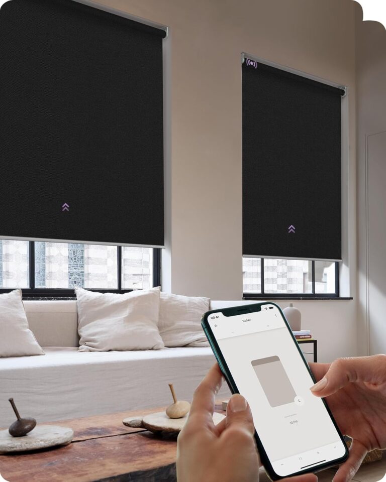 Graywind Smart Roller Shades 100% Blackout Window Blinds with APP Control Customized Automatic Shades for Home and Office(47″ Wx72 H,White)