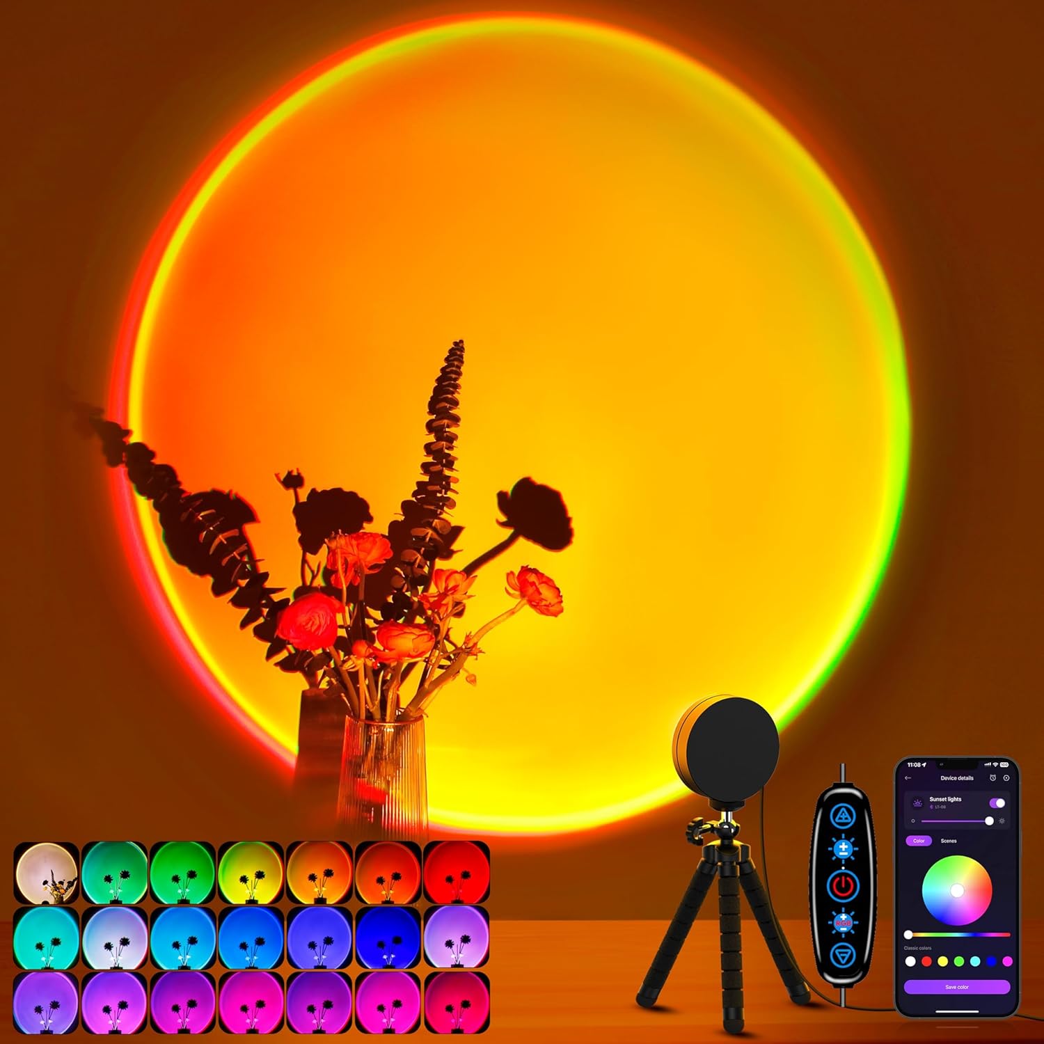 XEBKOR Sunset Lamp Projector Multicolor Changing LED Projection Lamp,Switch Button and APP Control 360 Degree Rotation Sunlight Lamp for Bedroom, Photography, Party, Tiktok Live, Room Decor