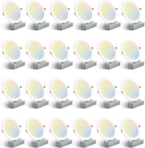 Amico 24 Pack 6 Inch 5CCT Ultra-Thin LED Recessed Ceiling Light with Junction Box, 1050LM Brightness, Dimmable Canless Wafer Downlight, 12W, ETL&FCC